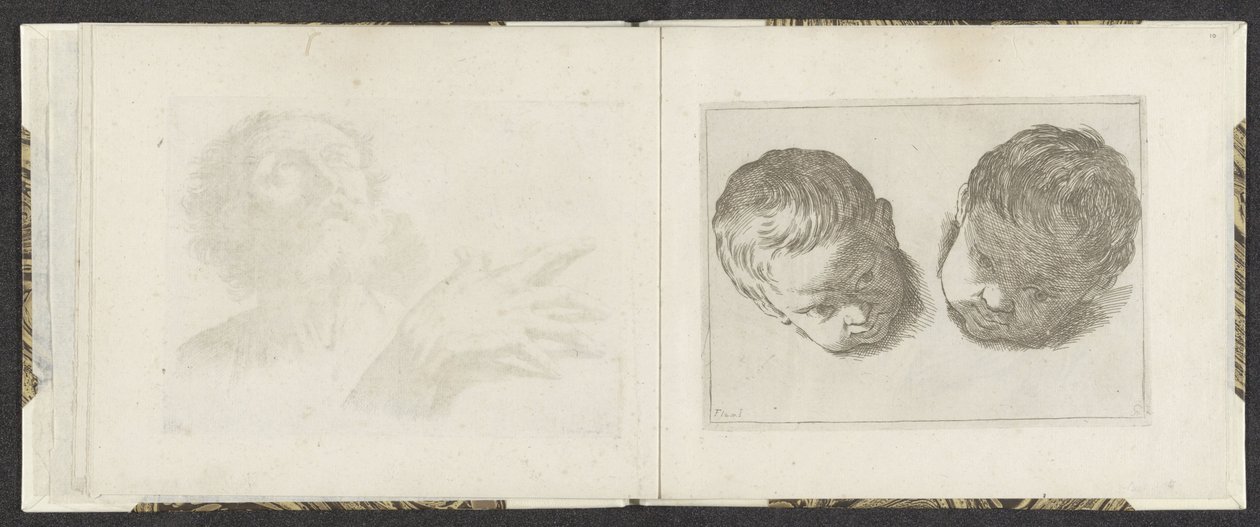 Kaksi pienten lasten päätä Piirustusesimerkkejä (sarjan nimi) Mitelli intaglio (sarjan nimi) tekijältä Giuseppe Maria Mitelli