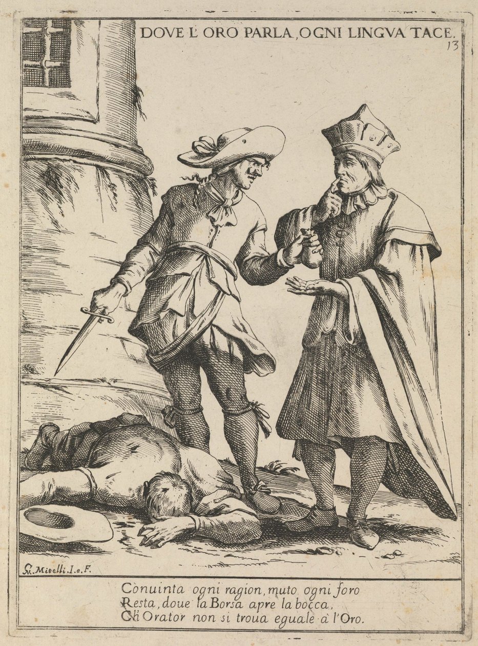 Missä kulta puhuu, siellä jokainen kieli on hiljaa. Missä he puhuvat, kaikki kielet ovat hiljaa, 1678 tekijältä Giuseppe Maria Mitelli