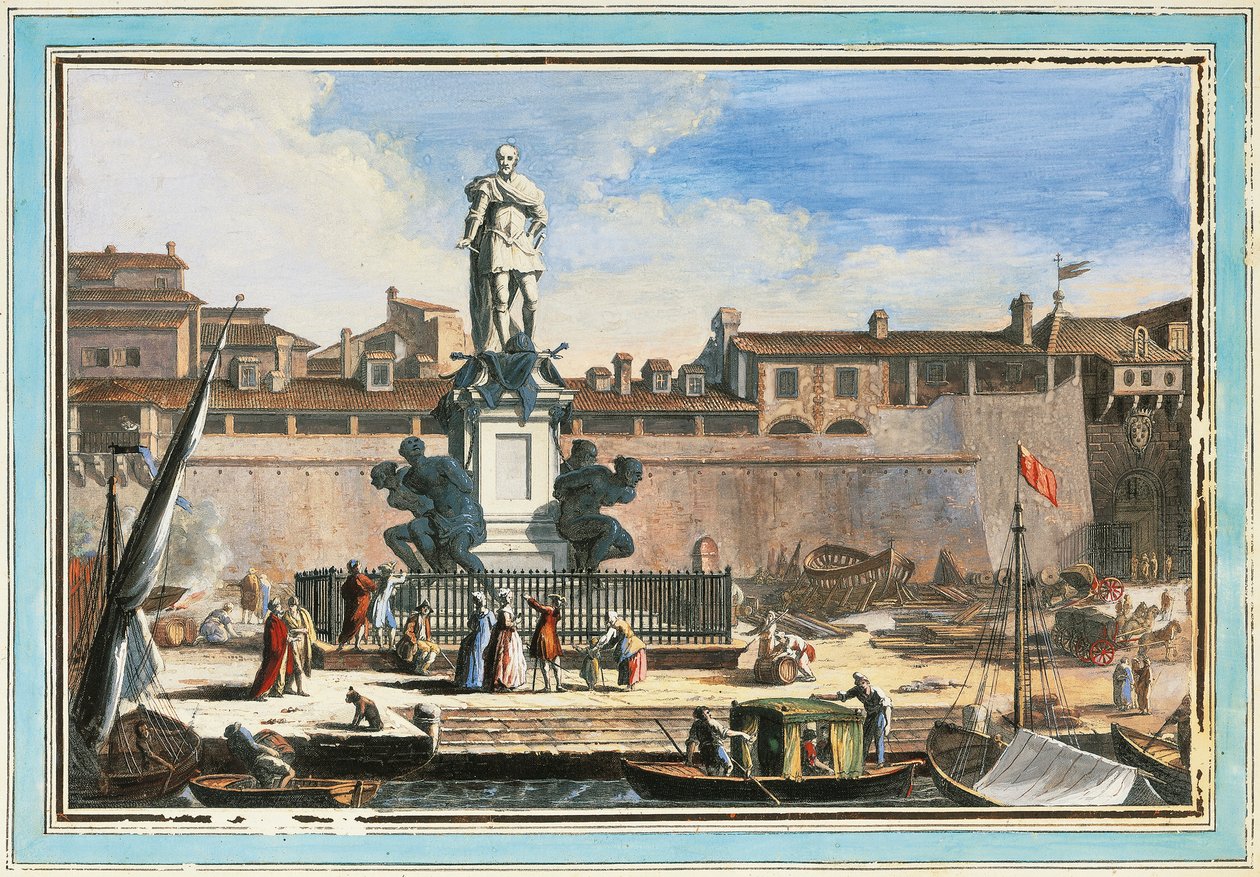 Näkymä Livornoon: Quattro Mori -monumentti (Neljä mauria), Giuseppe Maria Terreni, kuvitus tekijältä Giuseppe Maria Terreni