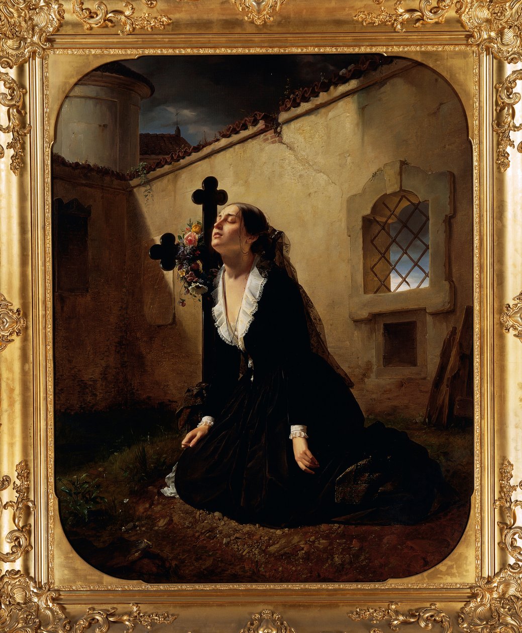 Giuseppe Moltenin (1800-1867) surullinen eversti Manaran rakkaan tai vaimon menetys miehensä haudalla, öljy kankaalle tekijältä Giuseppe Molteni