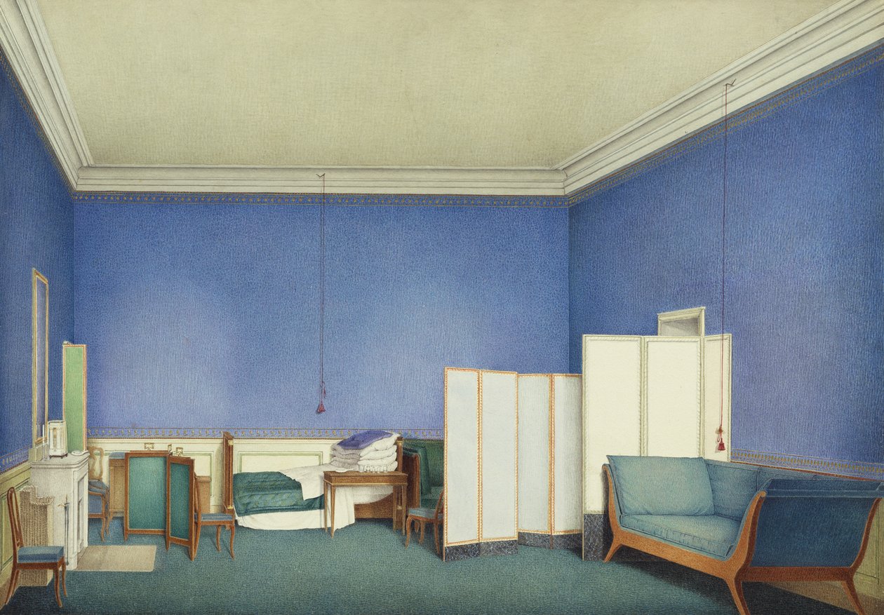 Parman Marie Louisen toisen aviomiehen, kenraali kreivi Adam Albert von Neippergin makuuhuone, akvarelli Giuseppe Naudin (1792-1872) tekijältä Giuseppe Naudin