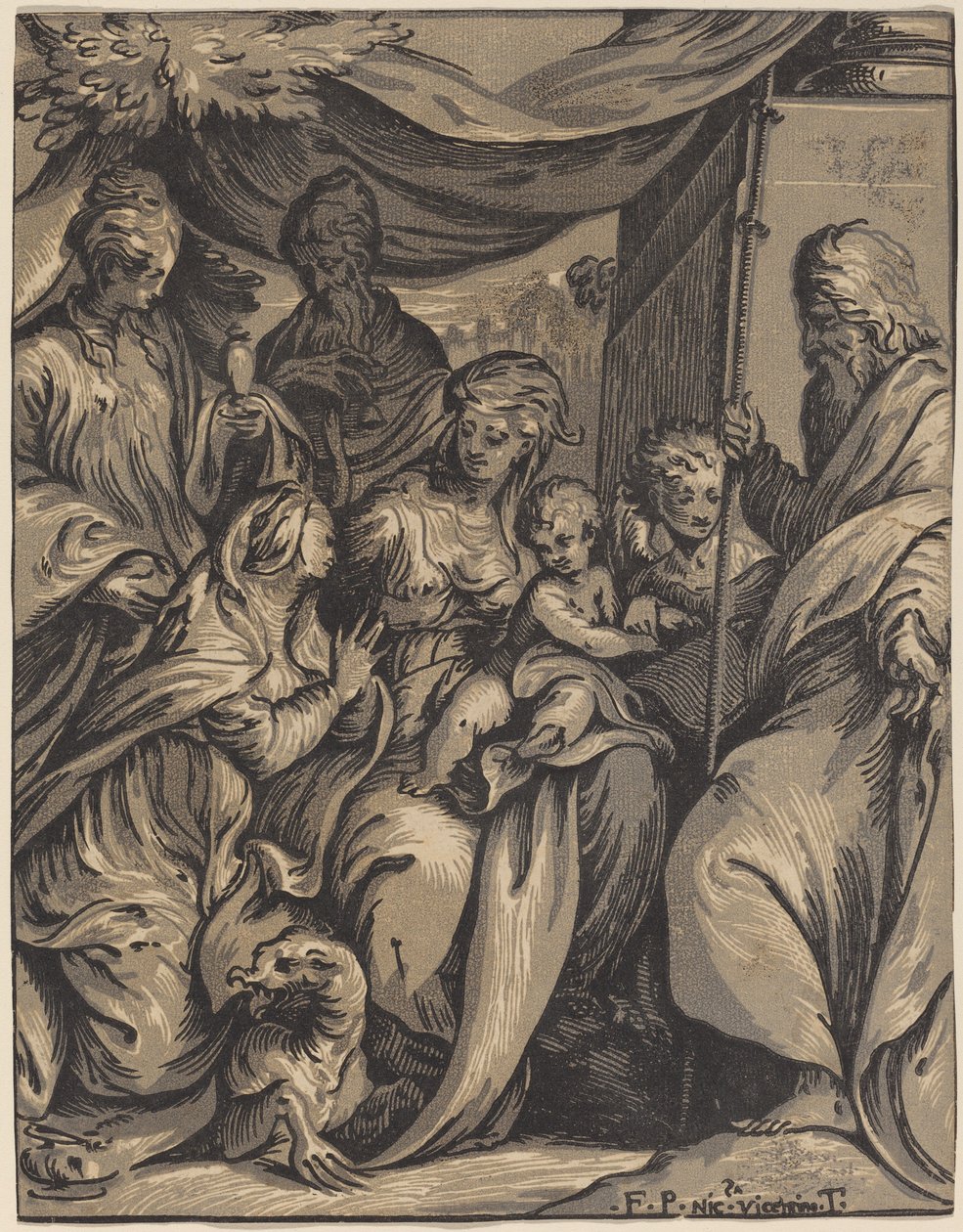 Neitsyt ja lapsi pyhien kanssa tekijältä Giuseppe Nicolo Vicentino, after Camillo Boccaccino