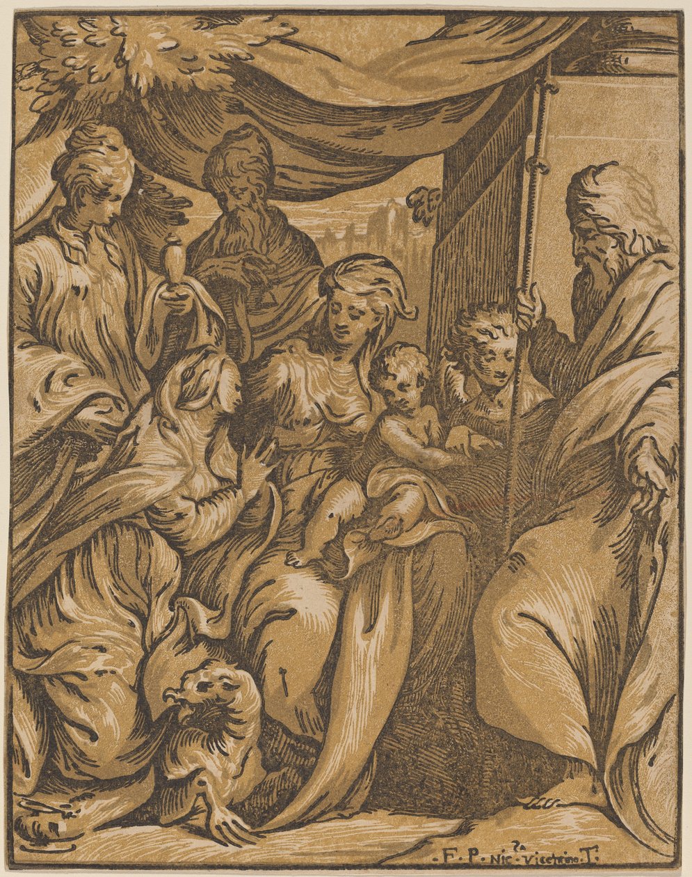 Neitsyt ja lapsi pyhien kanssa tekijältä Giuseppe Nicolo Vicentino, after Camillo Boccaccino