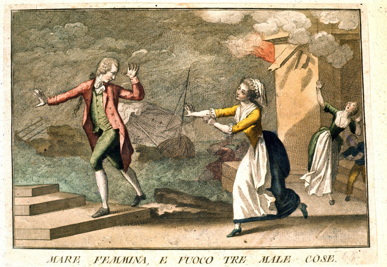 Sanonta: "Meri, naiset ja tuli: kolme pahaa". 1700-luvun kaiverrus, joka kuvaa sarjaa sananlaskuja. Giuseppe Piattoli (1740/50-1818). tekijältä Giuseppe Piattoli