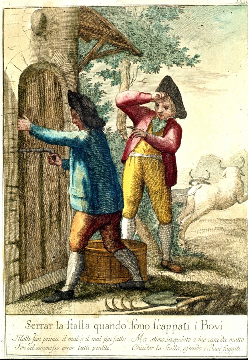 "Ei ole mitään järkeä sulkea tallia, kun hevoset ovat paenneet." 1700-luvun kaiverrus, joka kuvaa sarjaa sananlaskuja. Giuseppe Piattoli (1740/50-1818) tekijältä Giuseppe Piattoli
