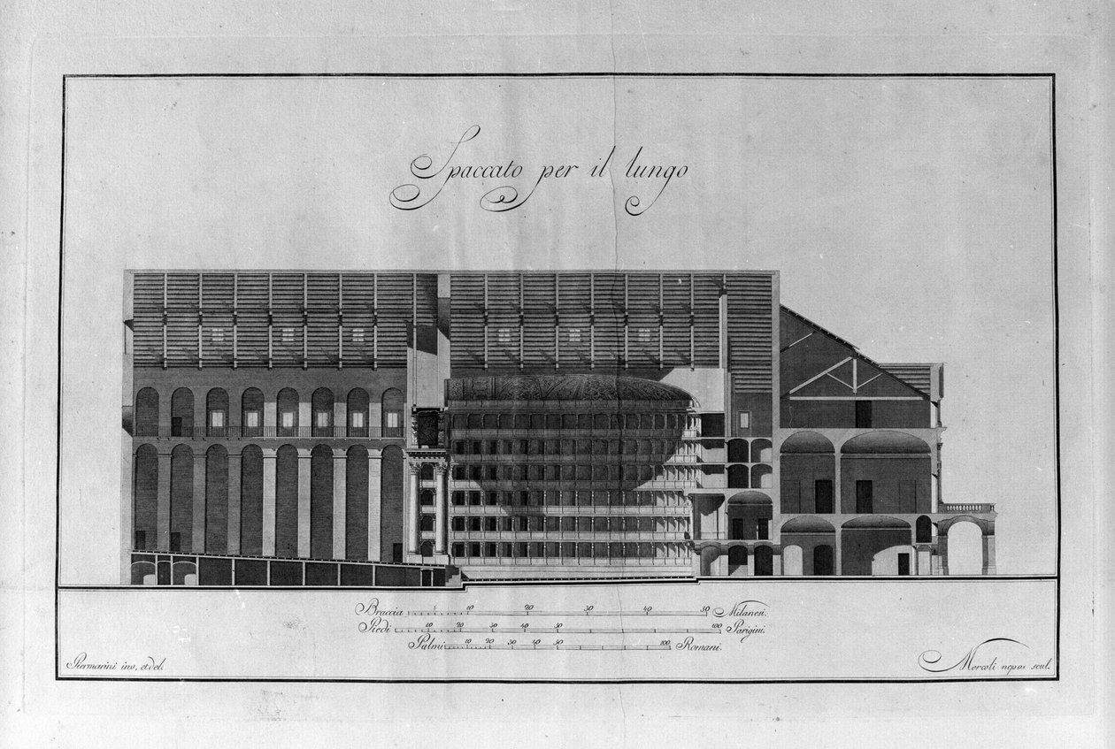 Giuseppe Piermarinin (1734-1808) La Scalan teatterin arkkitehtoninen kuppi. 1776-1778 Milano Italia (Arkkitehtuurileikkauspiirros teatterista alla Scala, Piermarini, Milano, Italia) Kaiverrus tekijältä Giuseppe Piermarini