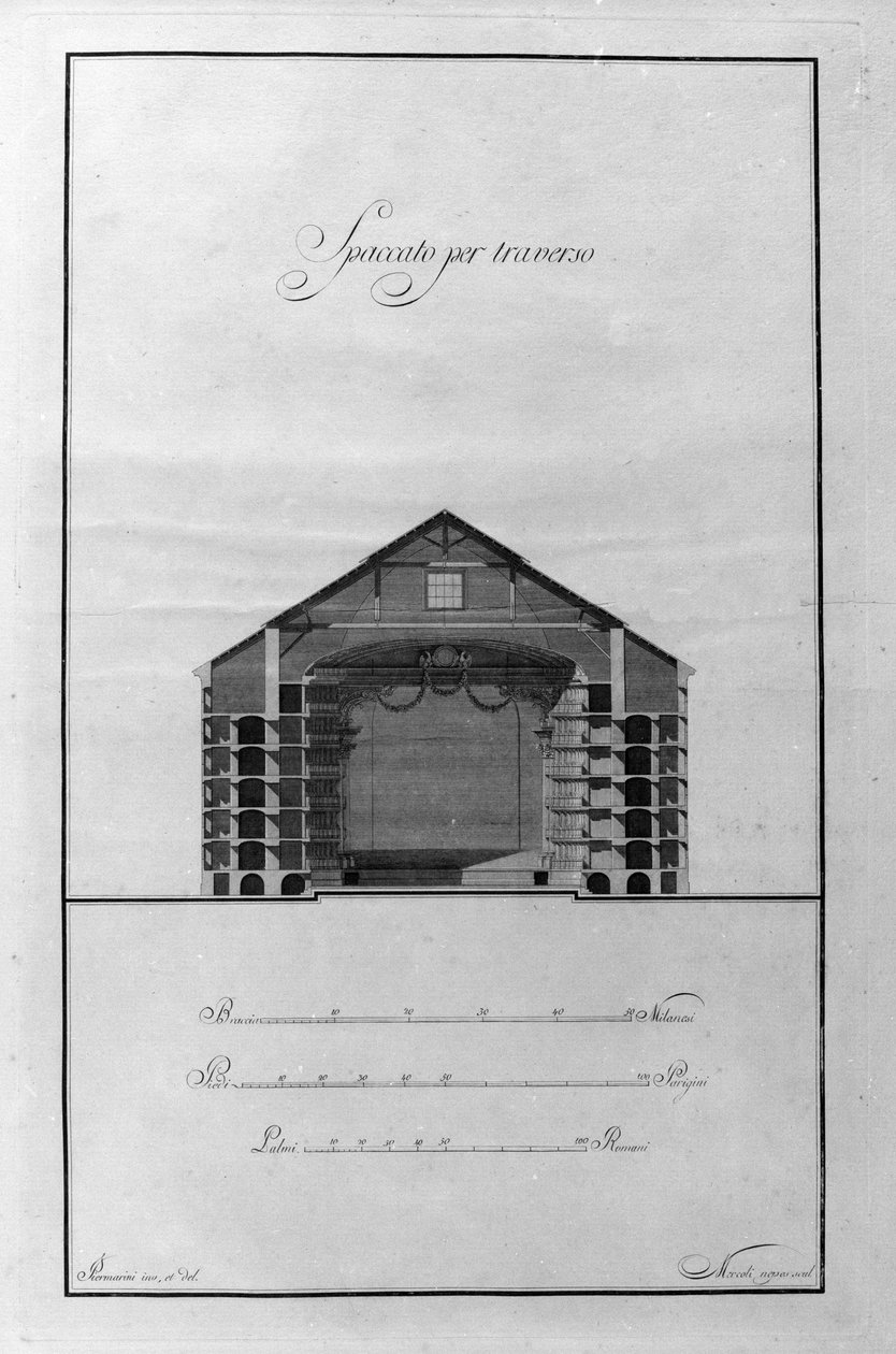 Giuseppe Piermarinin (1734-1808) La Scala -teatterin arkkitehtoninen kuppi noin 1776-1778 Milano, Italia (Piermarinin arkkitehtuuripiirros alla Scalasta, Milano, Italia) Kaiverrus tekijältä Giuseppe Piermarini