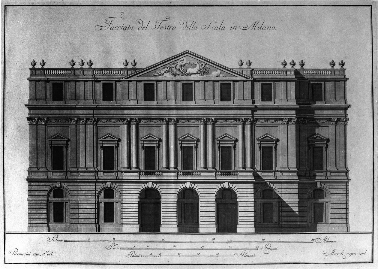 Giuseppe Piermarinin (1734-1808) toteuttama piirros Milanon Teatro alla Scalan (Theatre de la Scala) julkisivun ulkoarkkitehtuurista. tekijältä Giuseppe Piermarini