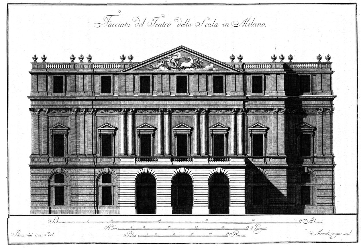 Giuseppe Piermarinin (1734-1808) toteuttama piirros Milanon Teatro alla Scalan (Theatre de la Scala) julkisivun ulkoarkkitehtuurista. tekijältä Giuseppe Piermarini