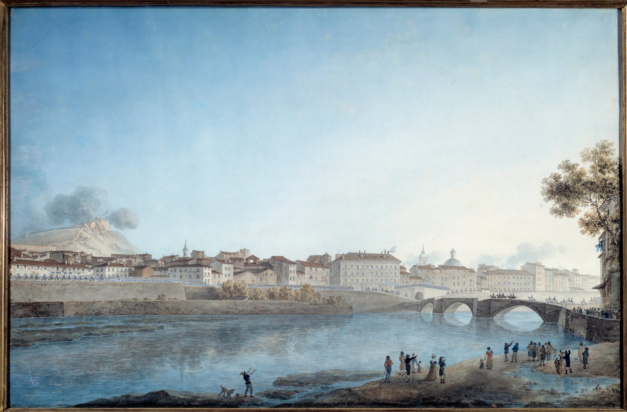 Kenraali Napoleon Bonaparten (1769-1821) saapuminen Nizzaan, ranskalaisten ensimmäiseen päämajaan 28. maaliskuuta 1796 Giuseppe Pietro Bagetin (1764-1831) akvarelli 1796 su. 0,54 x 0,82 m Nizza, taide- ja historiamuseo – kenraali Napoleon Bonaparten sisään tekijältä Giuseppe Pietro Bagetti