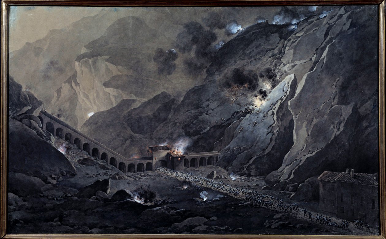 Ensimmäinen italialainen kampanja (1796-1797): "" Ranskalaisen tykistön kulku yöllä Bardin linnakkeen alla, itävaltalaiset miehittivät 21. toukokuuta 1800" Giuseppe Pietro Bagetin (1764-1831) akvarelliguassi. 1,04x0,74 m Versailles, Musee du Chateau - Fir tekijältä Giuseppe Pietro Bagetti