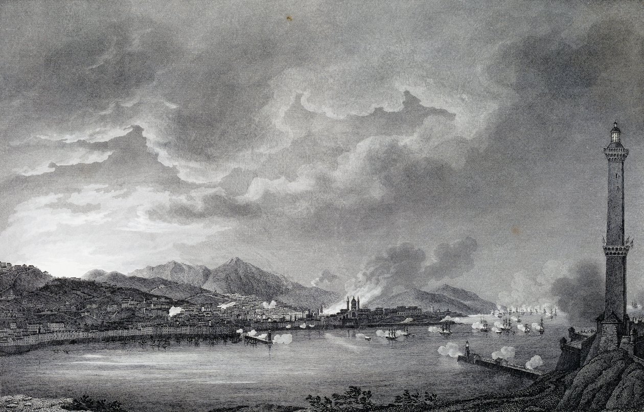 Englantilainen laivasto pommittaa Genovaa, 25. toukokuuta 1800, Giuseppe Pietro Bagetin (1764-1831) piirroksesta tehty teräskaiverrus, Pariisi tekijältä Giuseppe Pietro Bagetti