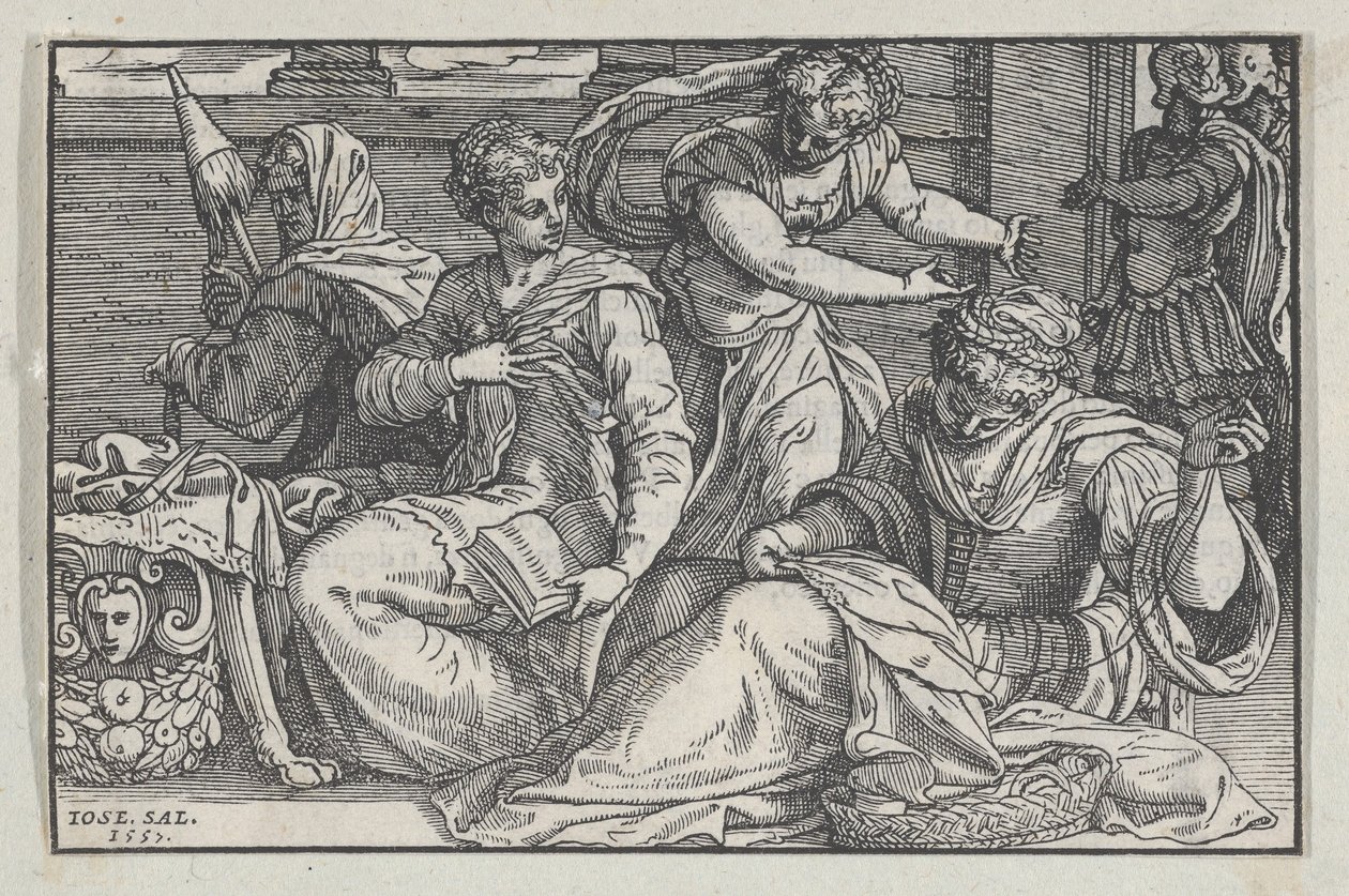 Lucretia opettaa tyttäriään käsityössä, 1557. tekijältä Giuseppe Porta