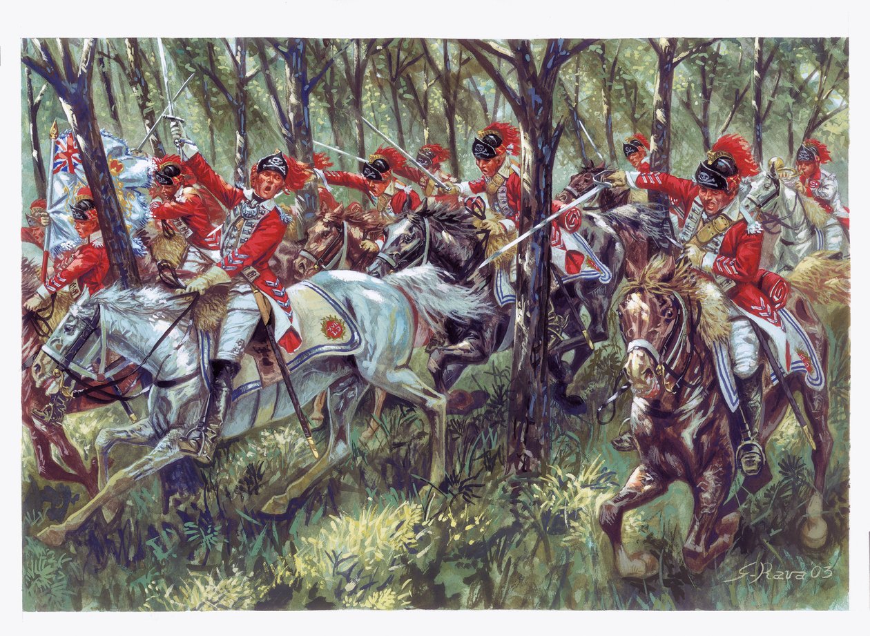 Amerikan itsenäisyyssota (1775-1783): amerikkalaisten uudisasukkaiden hyökkäys - Amerikan vapaussota - Kuvitus: Giuseppe Rava tekijältä Giuseppe Rava