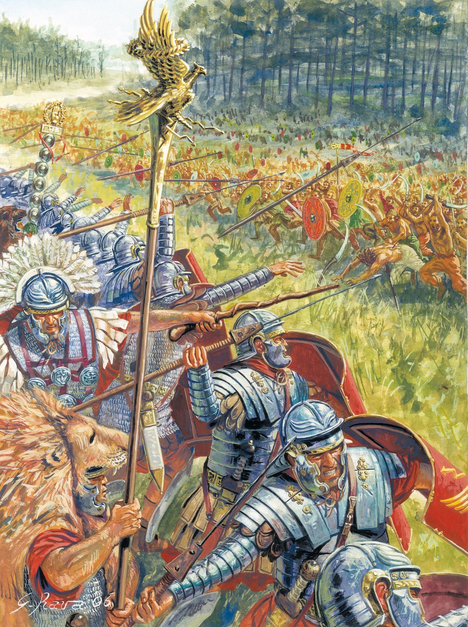 Muinainen Rooma: Trajanuksen aikana noin vuonna 105 jKr - Antiikin Rooma: Trajanuksen roomalainen armeija dakialaisia vastaan - Kuvitus: Giuseppe Rava. tekijältä Giuseppe Rava