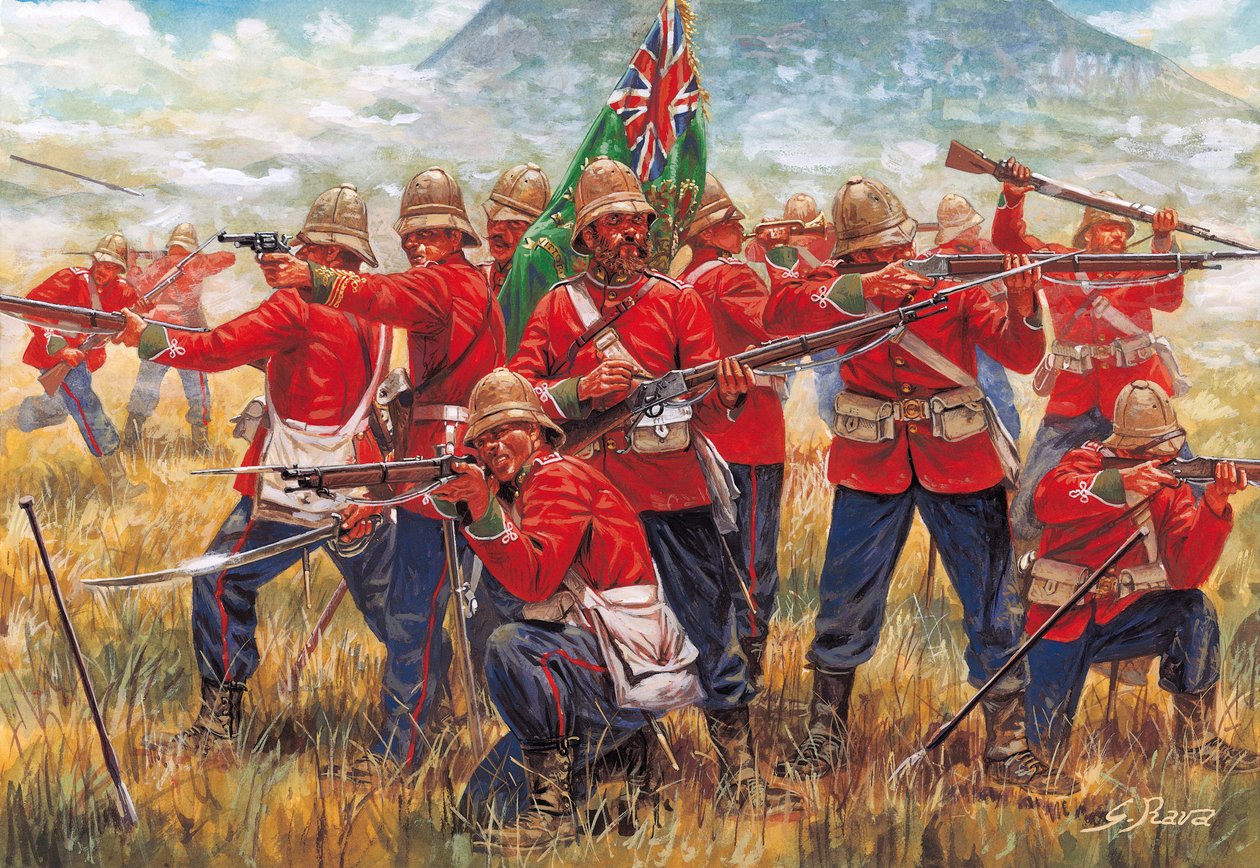 Anglo-Zulun sota: Britannian valtakunnan sotilaita Isandhlwanan (Isandlwana tai Isandula) taistelussa Etelä-Afrikassa 22.1.1879 - Anglo-Zulun sota: Britannian valtakunnan sotilaita Isandlwanan taistelussa 22.1.1879 - Kuvitus: Giuseppe Rava tekijältä Giuseppe Rava