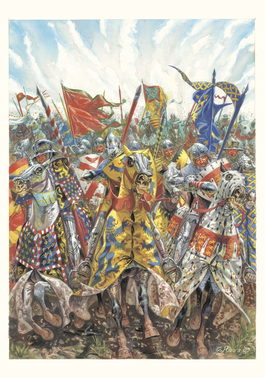 Ranskalaisten ritarien hyökkäys Azincourtin taistelussa (25. lokakuuta 1415). tekijältä Giuseppe Rava