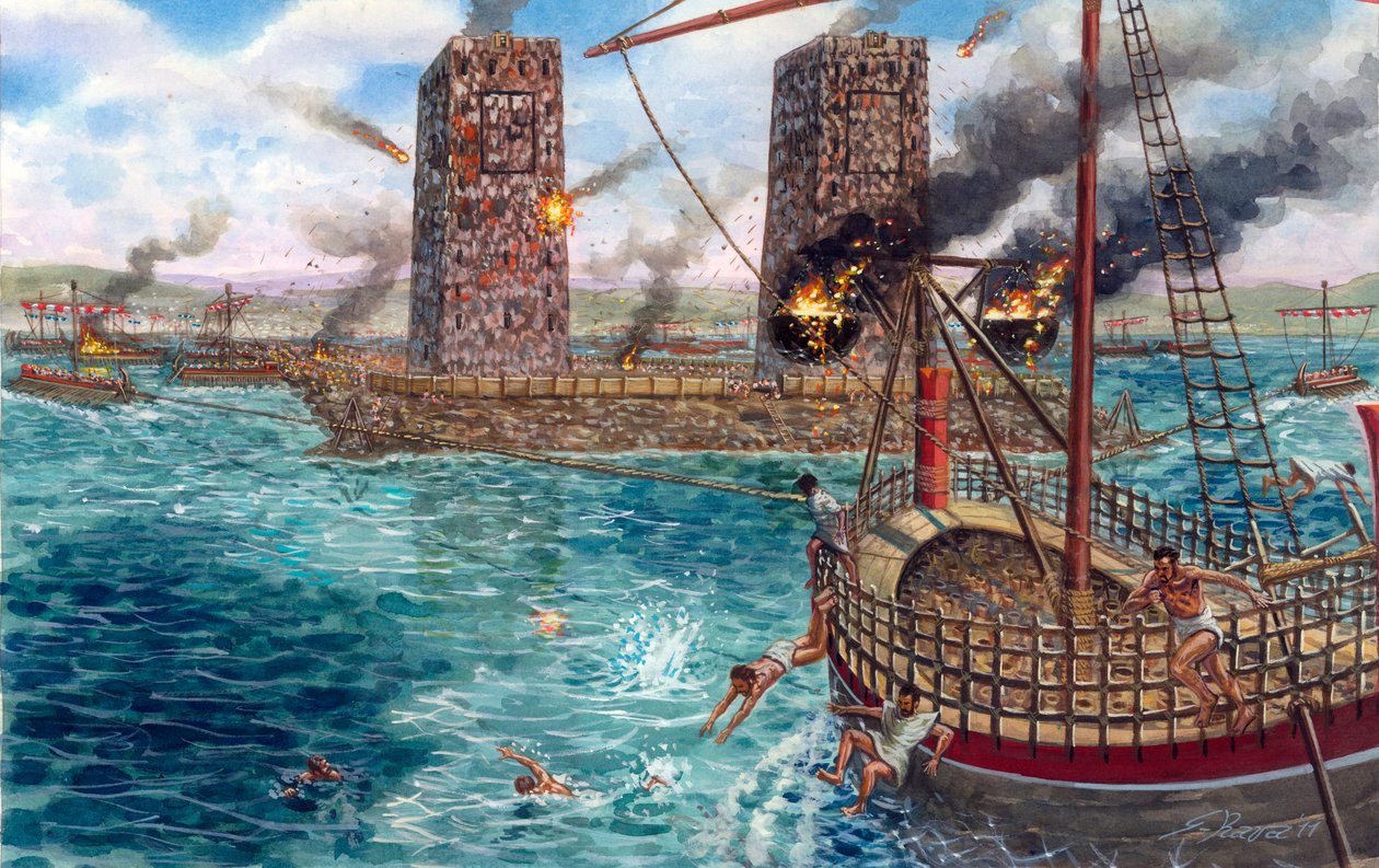 Persian valtakunnan valloitus: kuningas Aleksanteri Suuri (356-323 eaa.) piiritti Tyyron vuonna 332 eaa. - Aleksanteri Suuri piiritti Tyyron vuonna 332 eaa. persialaisia vastaan käymiensä sotaretkien aikana - Kuvitus: Giuseppe Rava tekijältä Giuseppe Rava