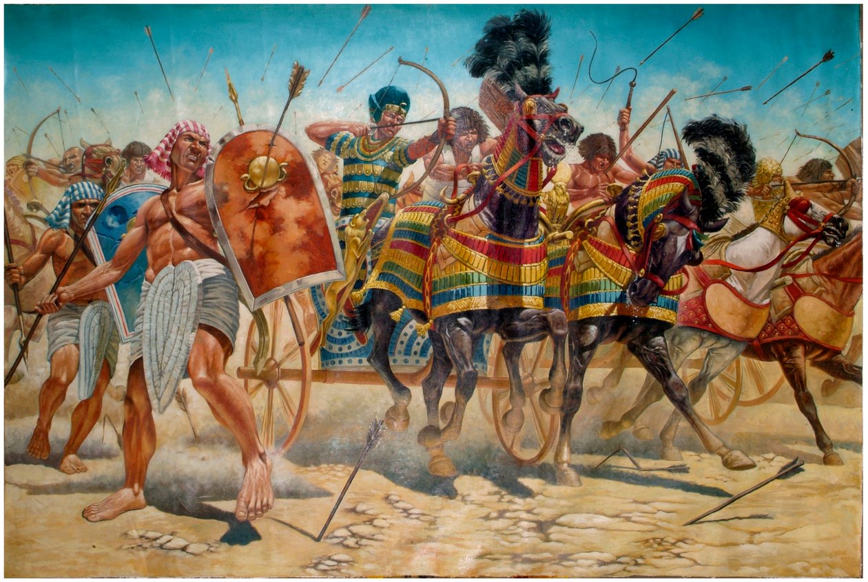 Egyptiläinen antiikki: kuva faarao Ramses II:sta (1304-1213 eKr.) ja hänen armeijastaan, joka ohjaa panssarivaunuja Kadeshin taistelussa vuonna 1274 eKr. - Faarao Ramses II (1303 eKr. ð 1213 eKr.) ja hänen armeijansa Kadeshin taistelussa vuonna 1274 eKr. m tekijältä Giuseppe Rava