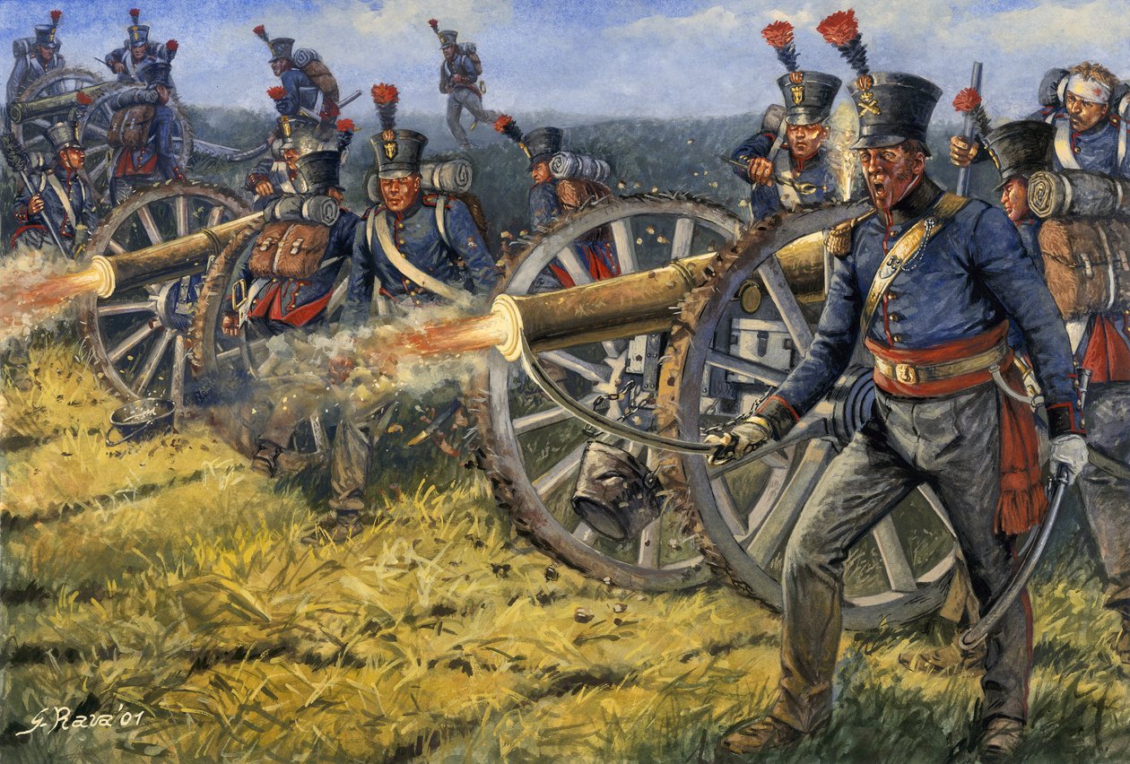 First Empire: Ensimmäinen imperiumi: belgialaisen ja hollantilaisen tykistön sotilaat ampuvat tykinlaukauksia Waterloon taistelussa 18/06/1815 - Ensimmäinen imperiumi: belgialaisen ja hollantilaisen tykistön sotilaat ampuvat tykinlaukauksia Waterloon taist tekijältä Giuseppe Rava