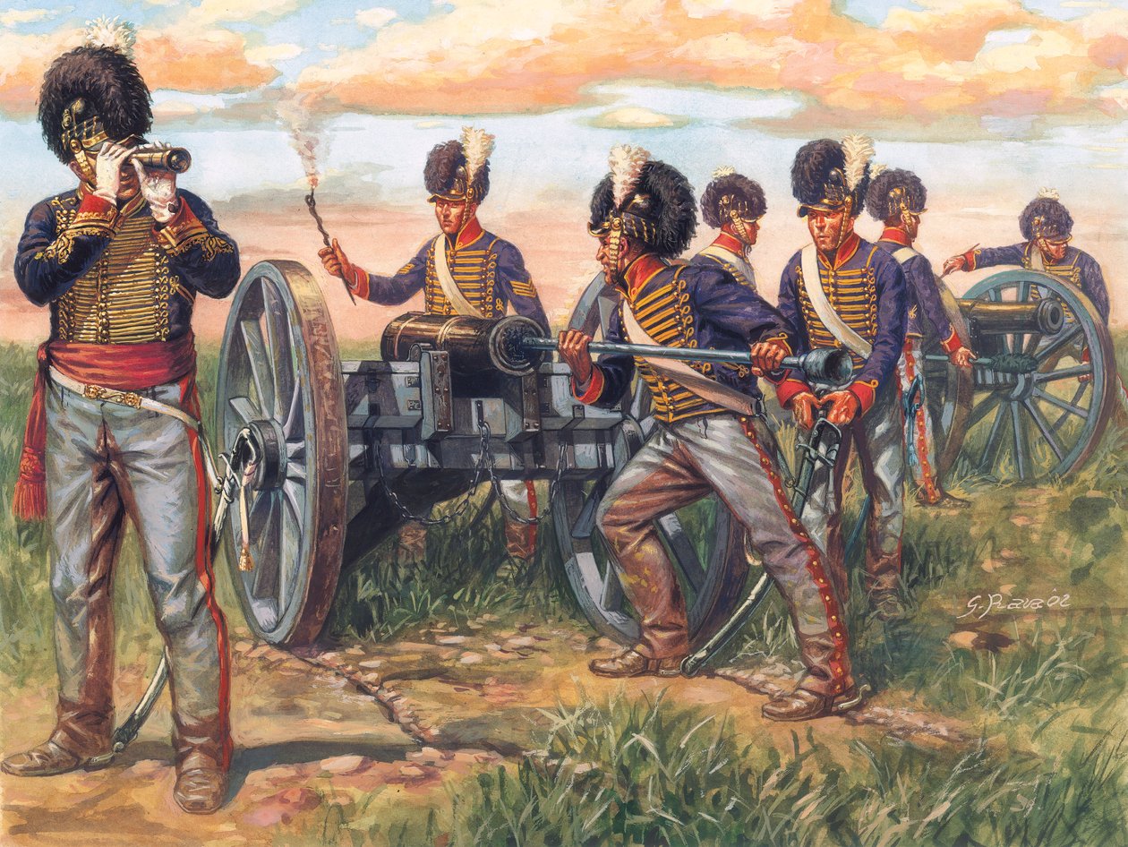 First Empire: Ensimmäinen imperiumi: Englantilaisen tykistön sotilaat lataavat tykkiä Waterloon taistelussa vuonna 1815 - Ensimmäinen imperiumi: Englantilaisen armeijan sotilaat lataavat tykkiä Waterloon taistelussa vuonna 1815 - Kuvitus: Giuseppe Rava tekijältä Giuseppe Rava