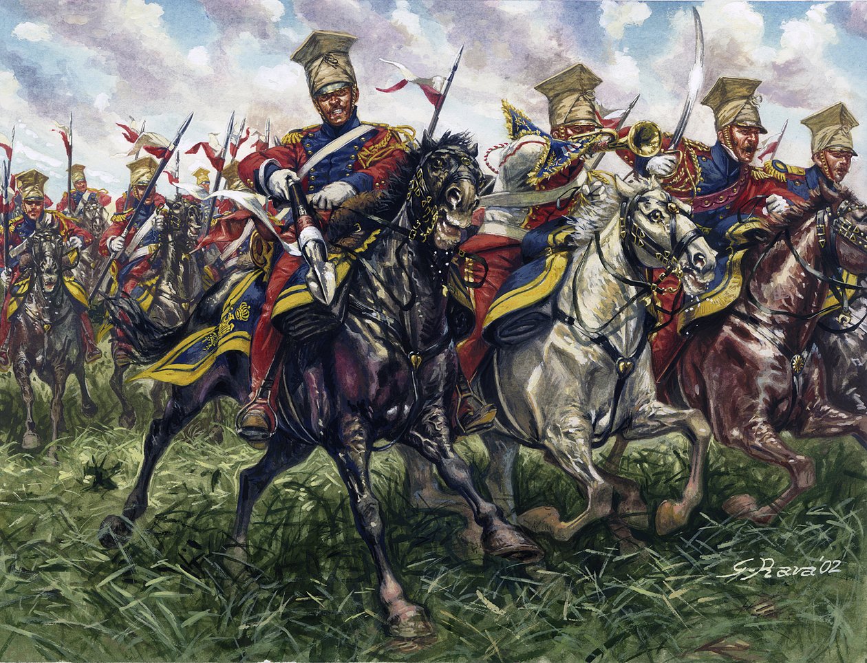 Ensimmäinen keisarikunta: Keisarillisen kaartin punaiset lanssijat eli keisarillisen kaartin hevosrykmentti Waterloon taistelussa 18.6.1815 - Ensimmäinen keisarikunta: Keisarillisen kaartin 2. kevyen ratsuväen rykmentti (punaiset lanssijat eli Red Lancers) tekijältä Giuseppe Rava
