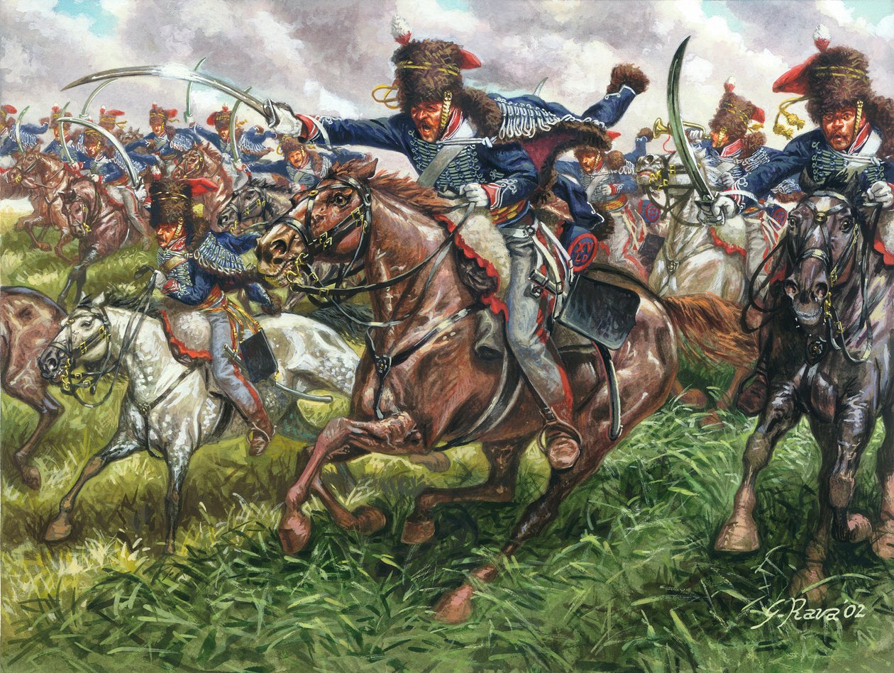 Ensimmäinen valtakunta: 15. englantilaisen lohikäärmerykmentin hyökkäys Waterloon taistelussa 18.6.1815 - Ensimmäinen valtakunta: 15. englantilaisen lohikäärmerykmentin hyökkäys Waterloon taistelussa 18.6.1815 - Kuvitus: Giuseppe Rava tekijältä Giuseppe Rava