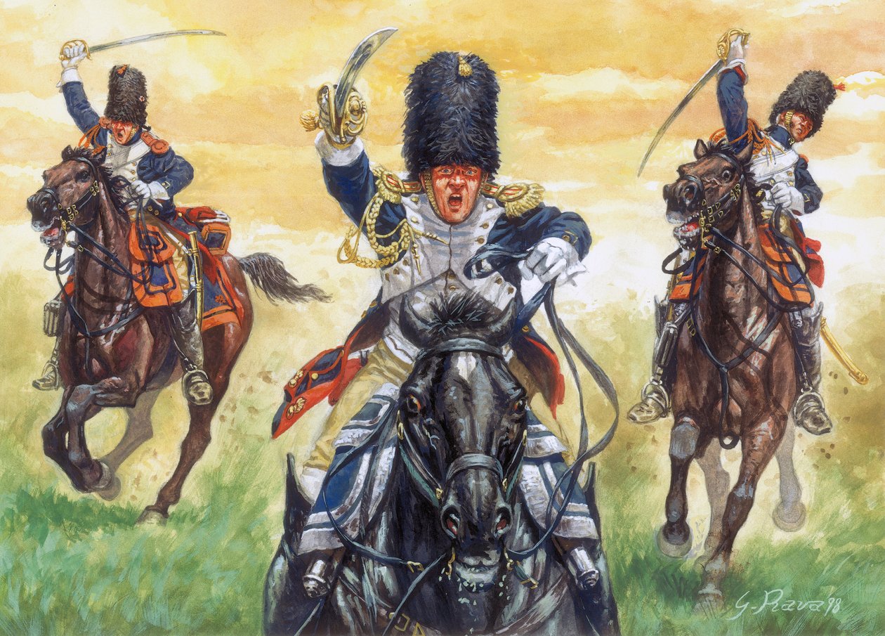 Ensimmäinen keisarikunta: ratsastavien grenadöörien hyökkäys Napoleon I:n keisarillisesta kaartista Eylaun taisteluun 8/02/1807 - Neljännen koalition sota: Eylaun taistelu (tai Preussisch-Eylaun taistelu), 7. ja 8. helmikuuta 1807, kaartin hyökkäys Gr. tekijältä Giuseppe Rava