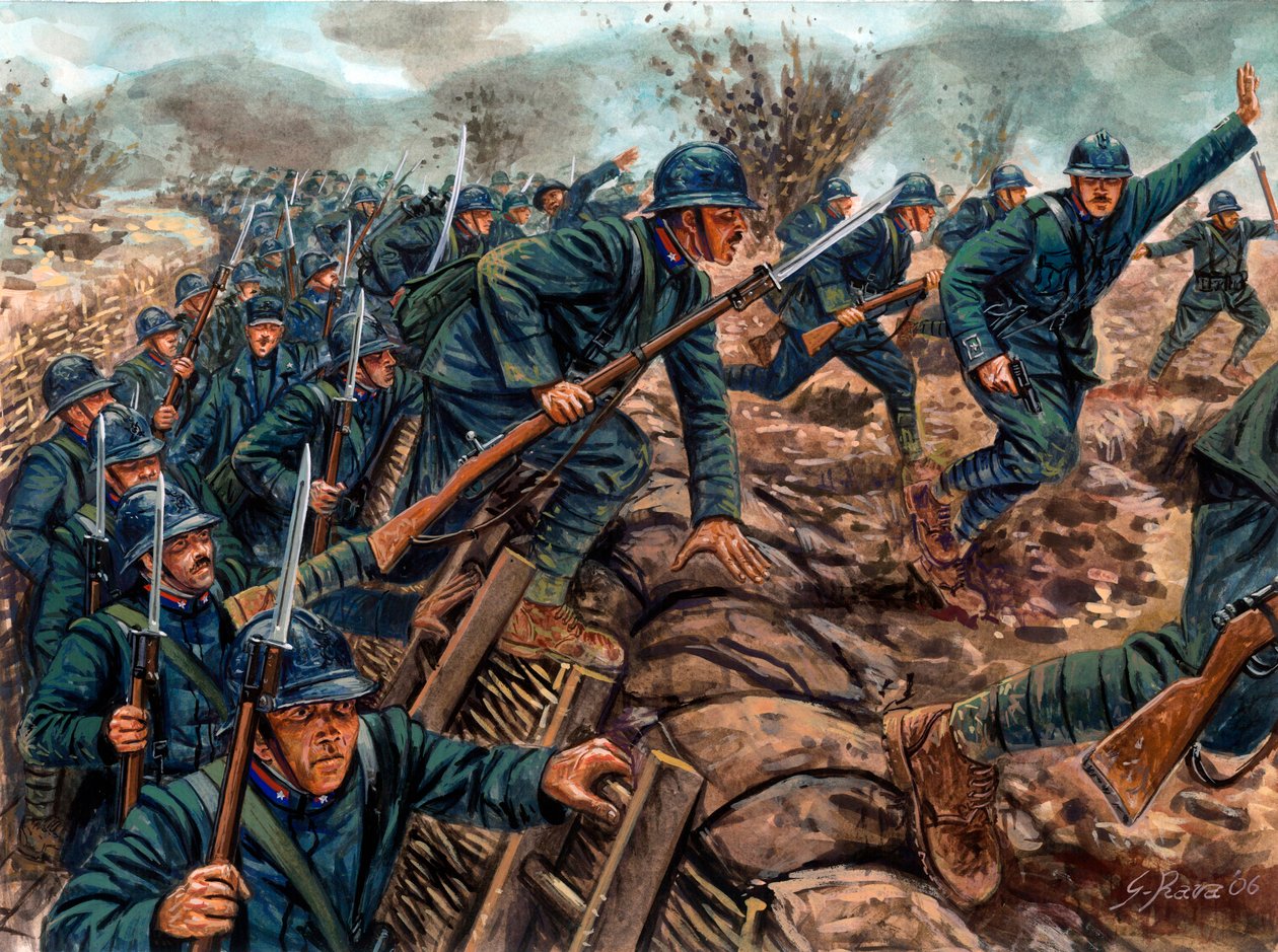 Ensimmäinen maailmansota: Italian jalkaväen hyökkäys - WWI: italialaiset sotilaat hyökkäävät juoksuhaudasta - Kuvitus: Giuseppe Rava tekijältä Giuseppe Rava
