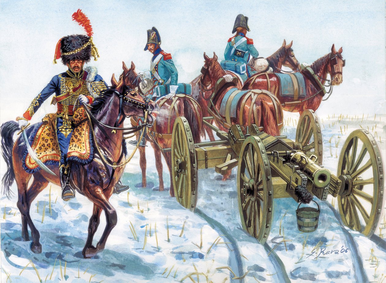 Ensimmäinen keisarikunta (1804-1814): Suuren armeijan tykistön hinausta lumessa - Ensimmäinen keisarikunta: Suuren armeijan ratsuväen tykistön hinausta lumessa - Kuvitus: Giuseppe Rava tekijältä Giuseppe Rava