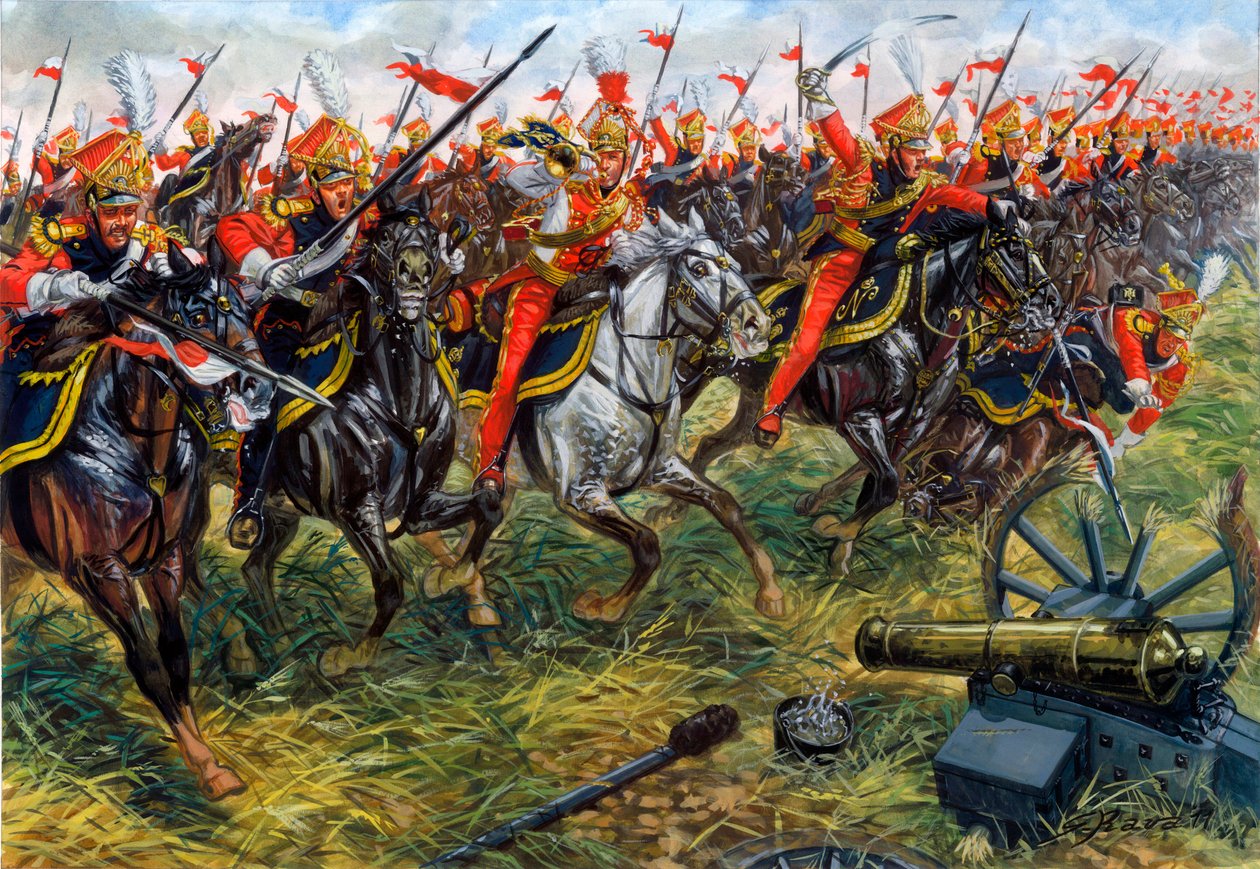 Ensimmäinen valtakunta: Napoleon I:n keisarillisen kaartin 2. hevosjalkaisten keihäsrykmentti Waterloon taistelussa 18.6.1815 - Ensimmäinen valtakunta: Napoleon I:n keisarillisen kaartin 2. kevyen ratsuväen rykmentti lancerit Waterloon taistelussa 18.6.181 tekijältä Giuseppe Rava