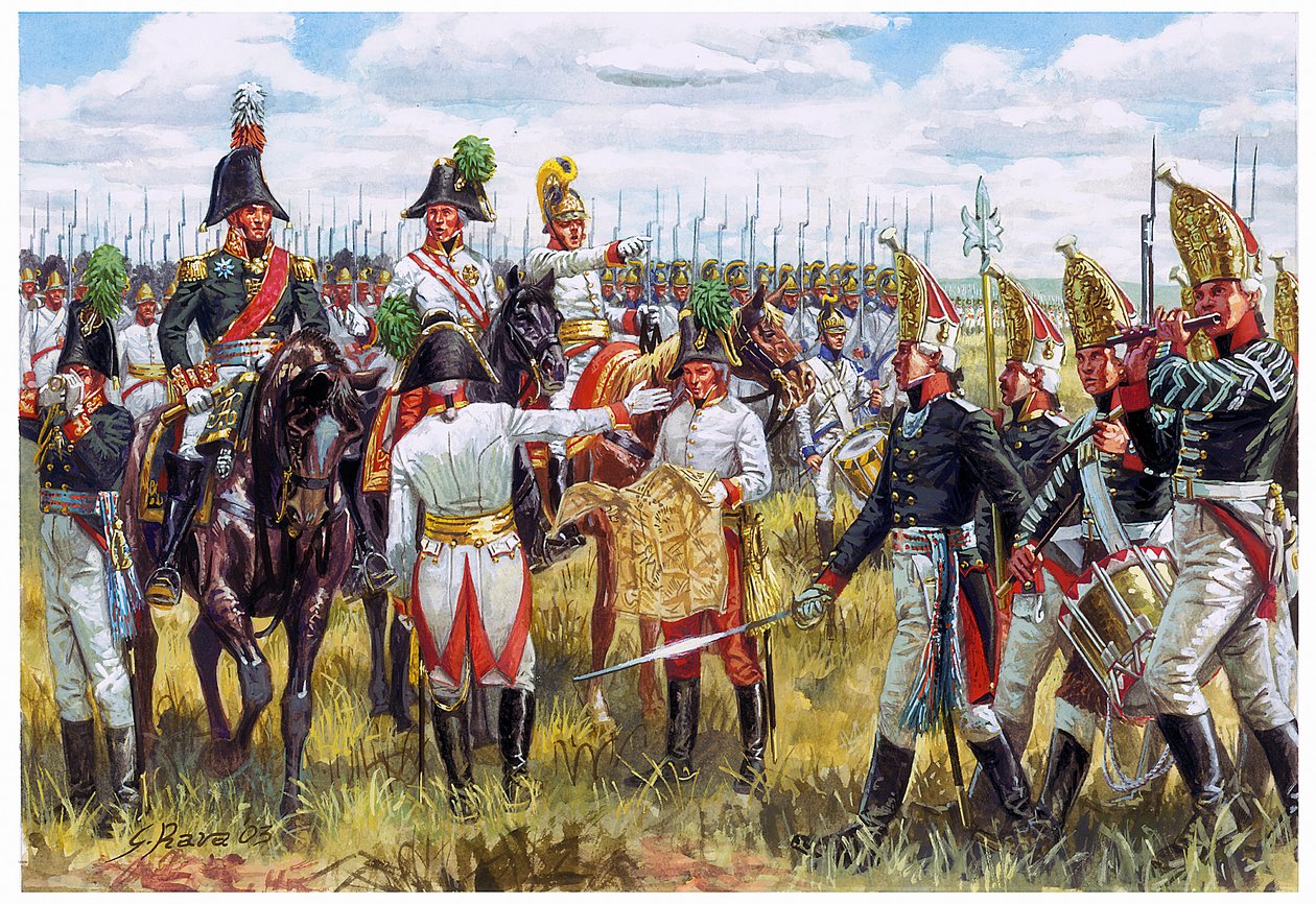 Ensimmäinen valtakunta: Valtakunta: Itävallan ja Venäjän kolmannen koalition esikunta vuonna 1805 - Ensimmäinen valtakunta: Itävallan ja Venäjän yleisesikunta vuonna 1805 - Kuvitus: Giuseppe Rava tekijältä Giuseppe Rava