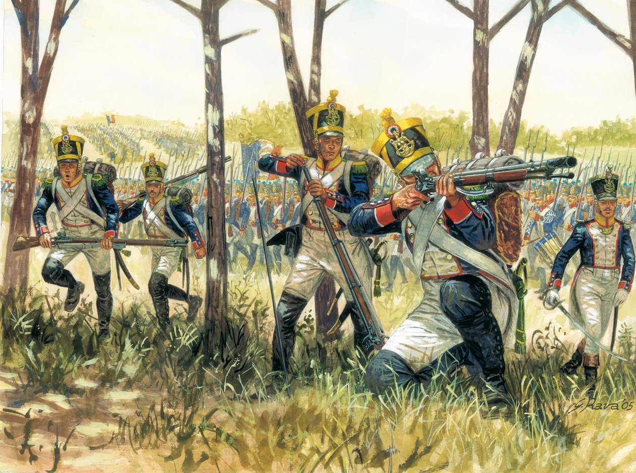 Ensimmäinen valtakunta: Ensimmäinen valtakunta: ranskalaiset Skirmish voltigeurs - Kuvitus: Giuseppe Rava tekijältä Giuseppe Rava