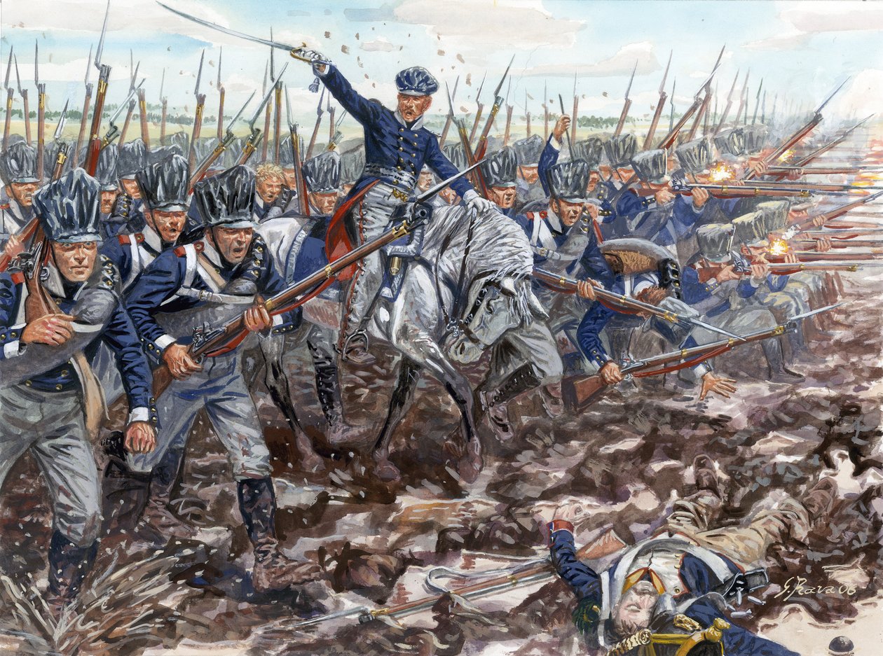 Ensimmäinen valtakunta: Preussin jalkaväen eteneminen vuonna 1813 - Ensimmäinen valtakunta: Preussin jalkaväen lataus 1813 - Kuvitus: Giuseppe Rava tekijältä Giuseppe Rava