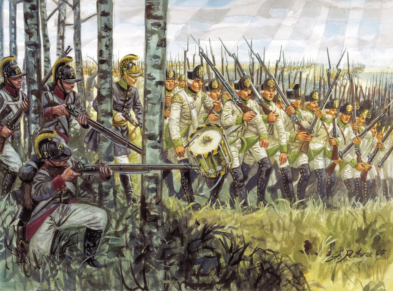 Ensimmäinen keisarikunta: Itävallan jalkaväen sotilaita etenemässä noin 1798 - 1805 - Ensimmäinen keisarikunta: Itävallan jalkaväen sotilaita marssimassa tekijältä Giuseppe Rava