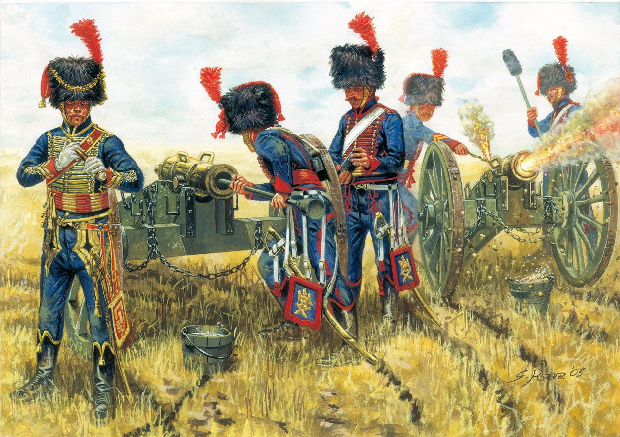 Ensimmäinen valtakunta: Napoleon I:n keisarillisen kaartin tykistön sotilaita Waterloon taistelussa 18.6.1815 - Ensimmäinen valtakunta: Napoleon I:n keisarillisen kaartin hevostykistön sotilaita Waterloon taistelussa 18.6.1815 - Kuvitus: Giuseppe Rava tekijältä Giuseppe Rava