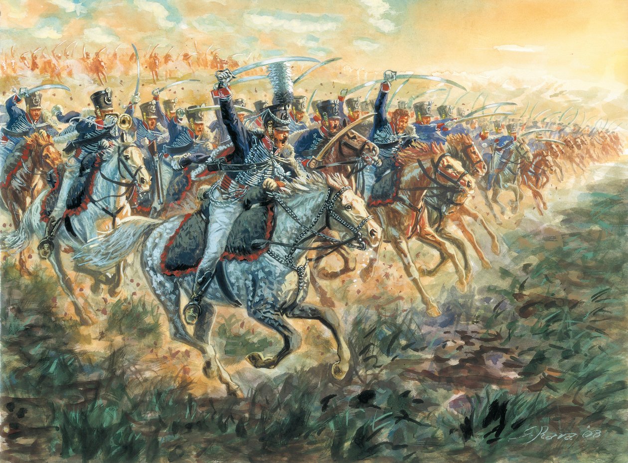 Ensimmäinen valtakunta: Preussin husaarien hyökkäys noin vuonna 1810 - Ensimmäinen valtakunta: Preussin husaarien hyökkäys - Kuvitus: Giuseppe Rava tekijältä Giuseppe Rava