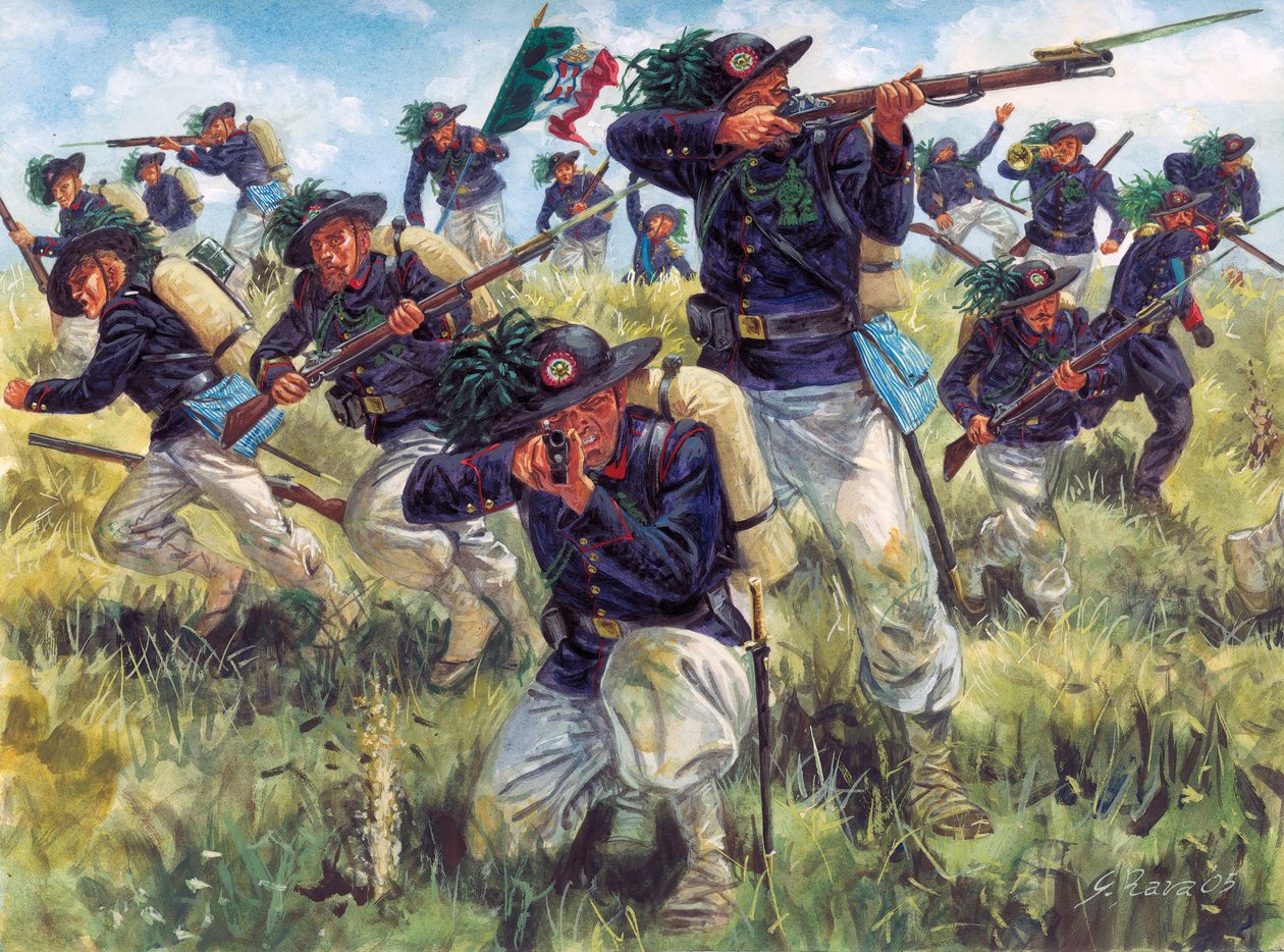 Italian vuoden 1859 kampanja (Italian toinen itsenäisyyssota): Italian armeijan bersaglieri (bersaglierit) toiminnassa - Italian toinen itsenäisyyssota (Ranskan ja Itävallan sota, Itävallan ja Sardinian sota, Itävallan ja Piemonten sota tai Italian sota 18 tekijältä Giuseppe Rava