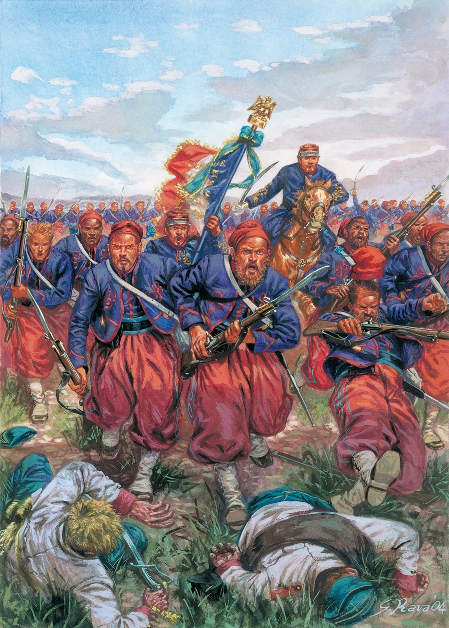 Italian vuoden 1859 kampanja (Italian toinen itsenäisyyssota): Napoleon III:n Ranskan armeijan Zouaves-joukkojen hyökkäys Solferinon taistelussa 24.6.1859 - Italian toinen itsenäisyyssota (Ranskan ja Itävallan sota, Itävallan ja Sardinian sota, Itävallan j tekijältä Giuseppe Rava