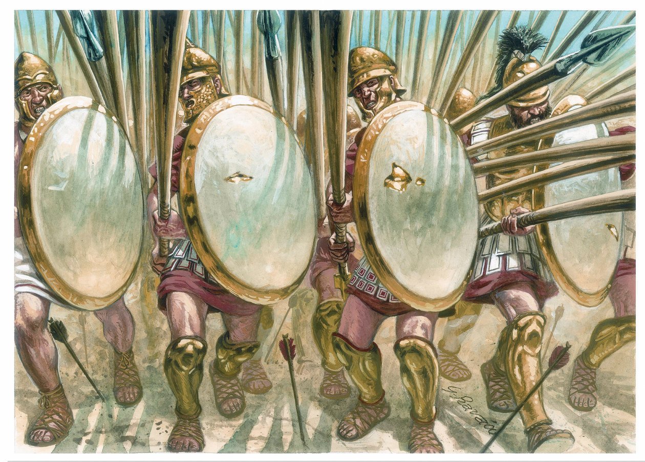 Makedonian kuningaskunta: makedonialaisten falangistien lataus - The charge of macedonian Phalangite - Kuvitus: Giuseppe Rava tekijältä Giuseppe Rava