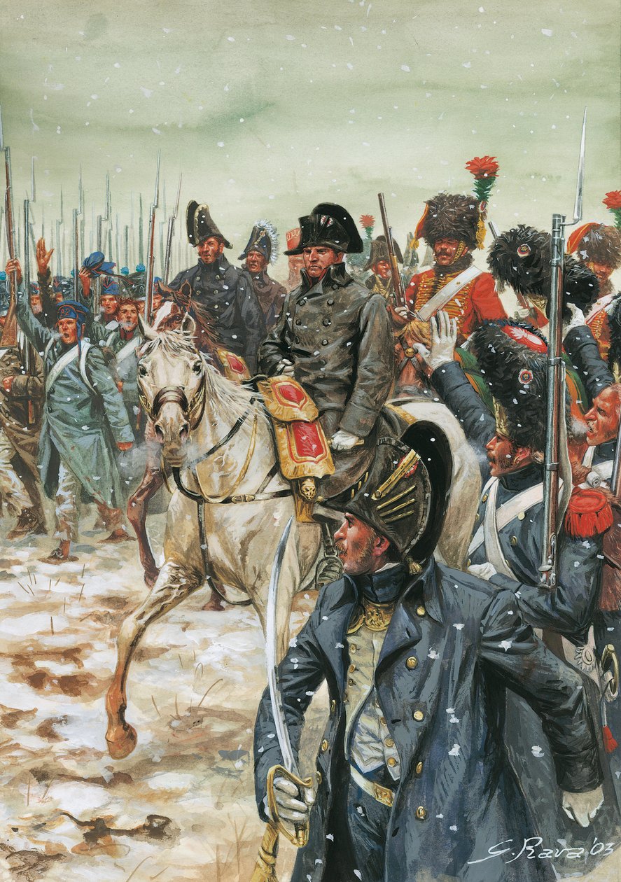 Kauan eläköön keisari! Keisari Napoleon I (1769-1821) hevonen ympäröi armeijaansa Ranskan sotaretkellä tammikuussa 1814" - Kuudennen koalition sota, taistelut Ranskassa, keisari Napoleon I armeijansa ympäröimänä Ranskan sotaretkellä - Kuvitus: G tekijältä Giuseppe Rava