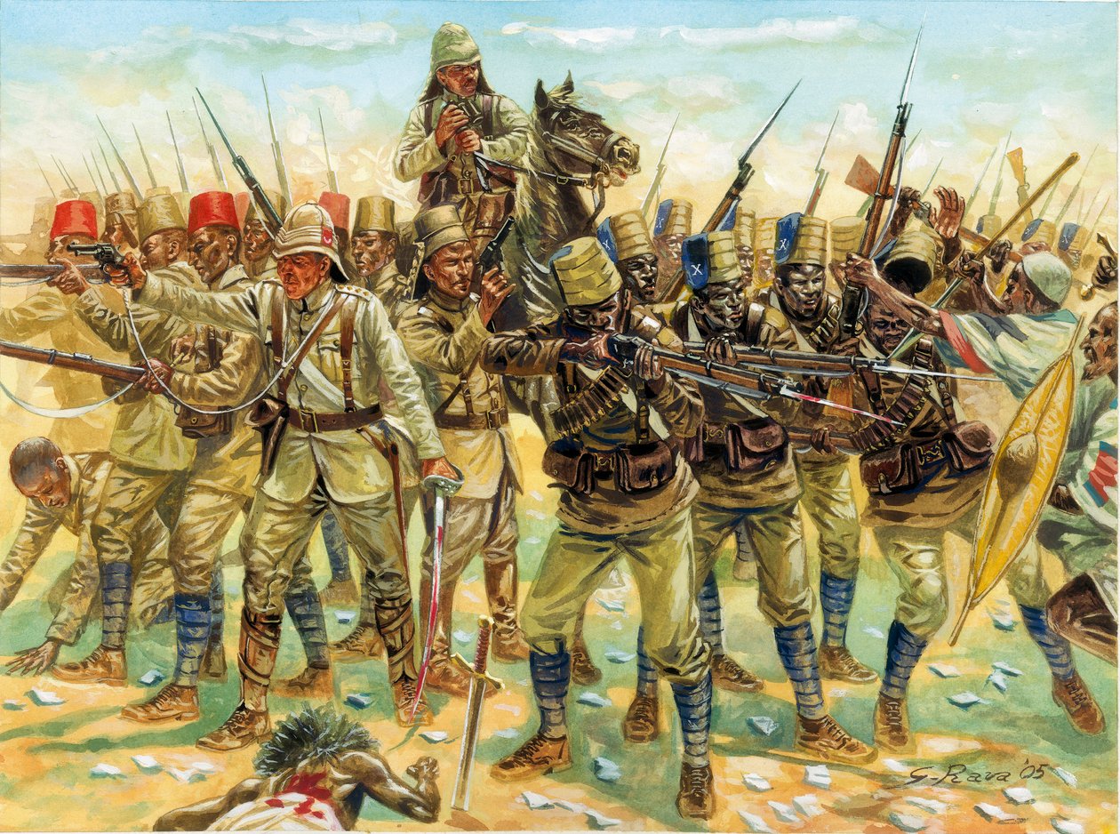 Mahdistien sota (Sudanin sota) (1881-1899): joukkojen läsnäolo Omdurmanin taistelussa (oikealla sudanilaiset dervissit ja vasemmalla englantilais-ekgyptiläinen armeija) 2.9.1898 - Mahdistien sota (tai mahdistien kapina): Omdurmanin taistelu (2.9.1898) suda tekijältä Giuseppe Rava