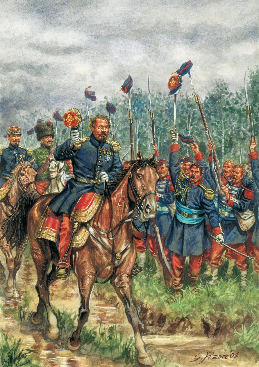 Napoleon III (1808-1873) hevonen tervehtii armeijaansa (piirros). tekijältä Giuseppe Rava