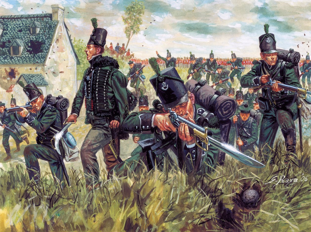 Napoleonin sota: 95. kiväärirykmentin brittiläiset kiväärimiehet puolustavat hiekkakuoppaa Waterloon taistelussa 18.6.1815 - (Napoleonin sota: brittiläiset kiväärimiehet puolustavat hiekkakuoppaa Waterloon taistelussa 18.6.1815) Kuvitus: Giusep tekijältä Giuseppe Rava