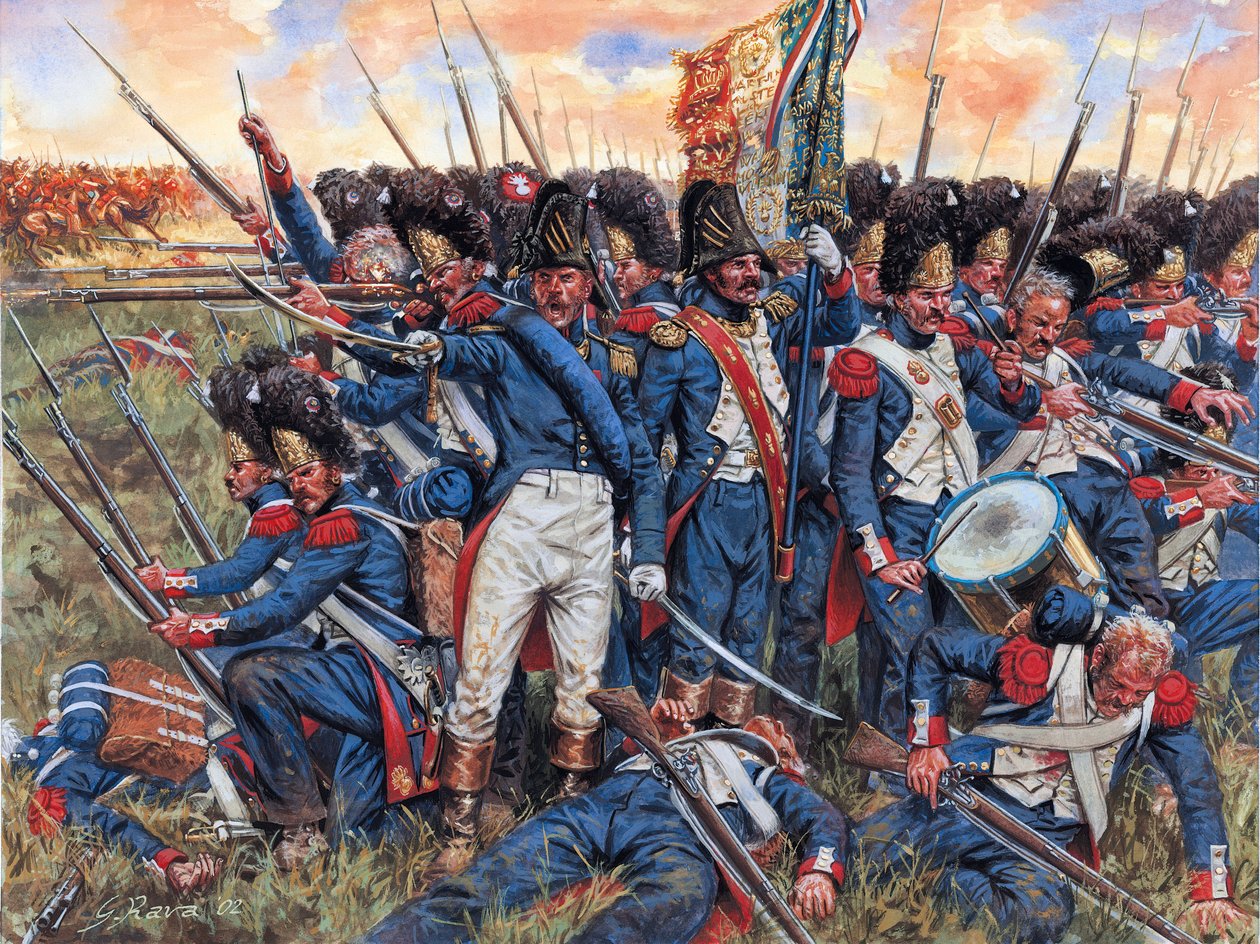 Napoleonin sota: Grande armee Waterloon taistelussa 18.6.1815 työnnetty viimeisiin säikeisiinsä - Napoleonin sota: Grande armee Waterloon taistelussa 18.6.1815 työnnetty nurkkaan - Kuvitus: Giuseppe Rava tekijältä Giuseppe Rava