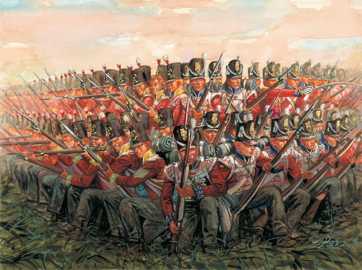 Napoleonin sodat: Englantilaisia sotilaita Waterloon taistelussa 18. kesäkuuta 1815 Kuvitus: Giuseppe Rava tekijältä Giuseppe Rava