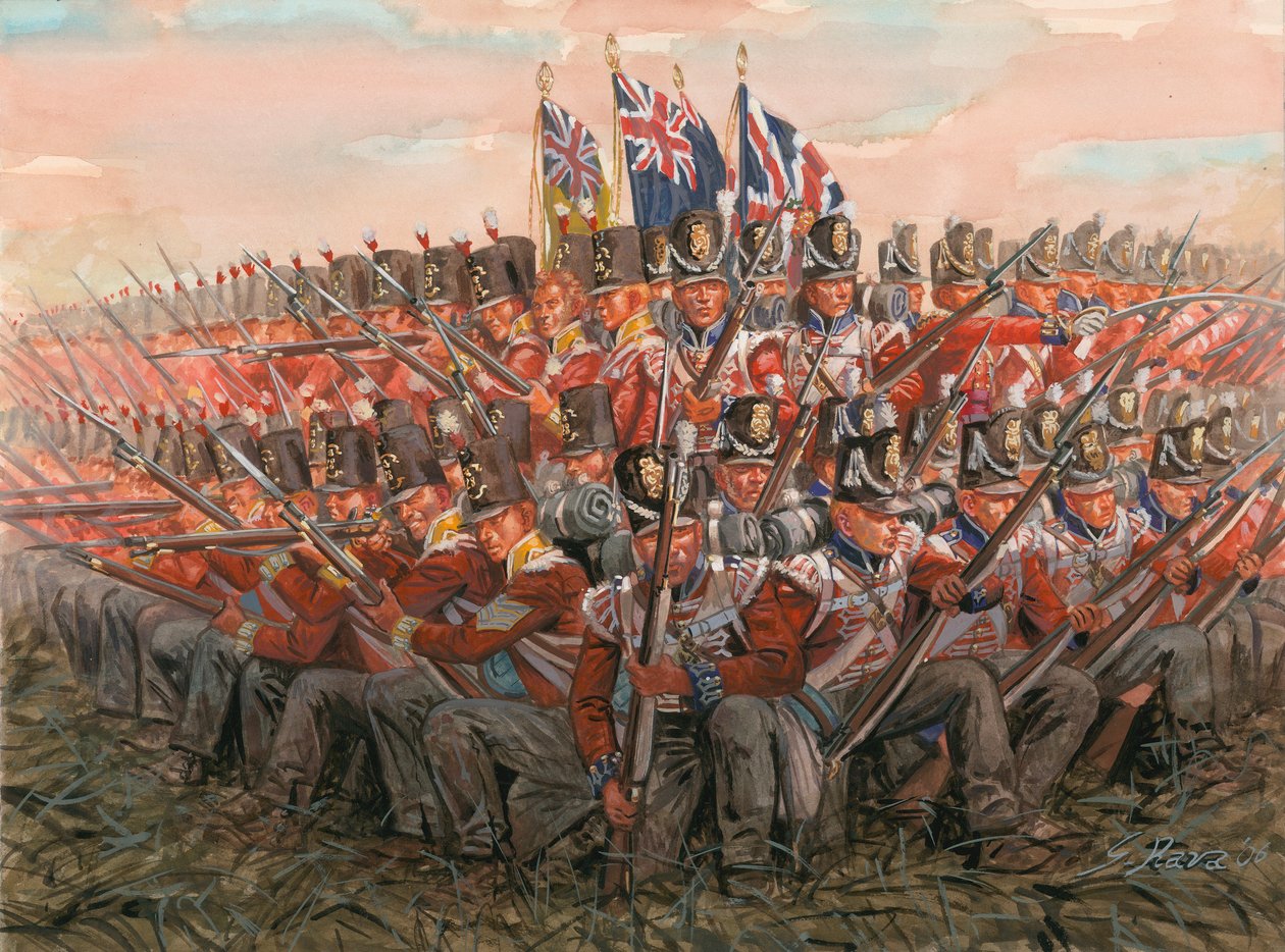 Napoleonin sodat: Englantilaisia sotilaita Waterloon taistelussa 18. kesäkuuta 1815 Kuvitus: Giuseppe Rava tekijältä Giuseppe Rava