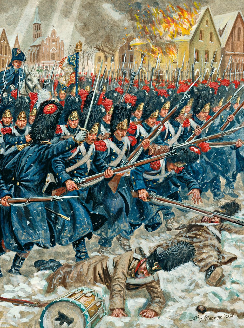 Preussin kampanja: Eylaun taistelussa 8/02/1807 - Preussin kampanja: "Ase käsivarressa" - Keisarillisen kaartin grenadöörit Eylaun taistelussa 8/02/1807: Eylaun taistelu (tai Preussisch-Eylaun taistelu) 7. ja 8. helmikuuta 1807 Napoleonin Grande Armeen ja  tekijältä Giuseppe Rava