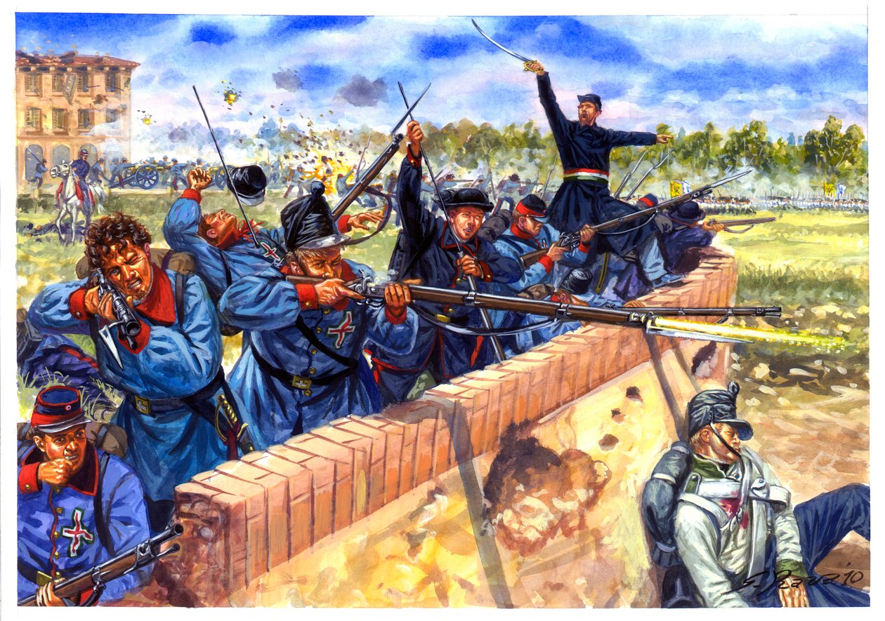Risorgimento, Italian ensimmäinen itsenäisyyssota, italialaiset opiskelijat Curtatonen ja Montanaran taistelun aikana 29.5.1848 - Italian ensimmäinen itsenäisyyssota, italialaiset opiskelijat Curtatonen ja Montanaran taistelun aikana 29.5.1848 - Kuvitus b tekijältä Giuseppe Rava