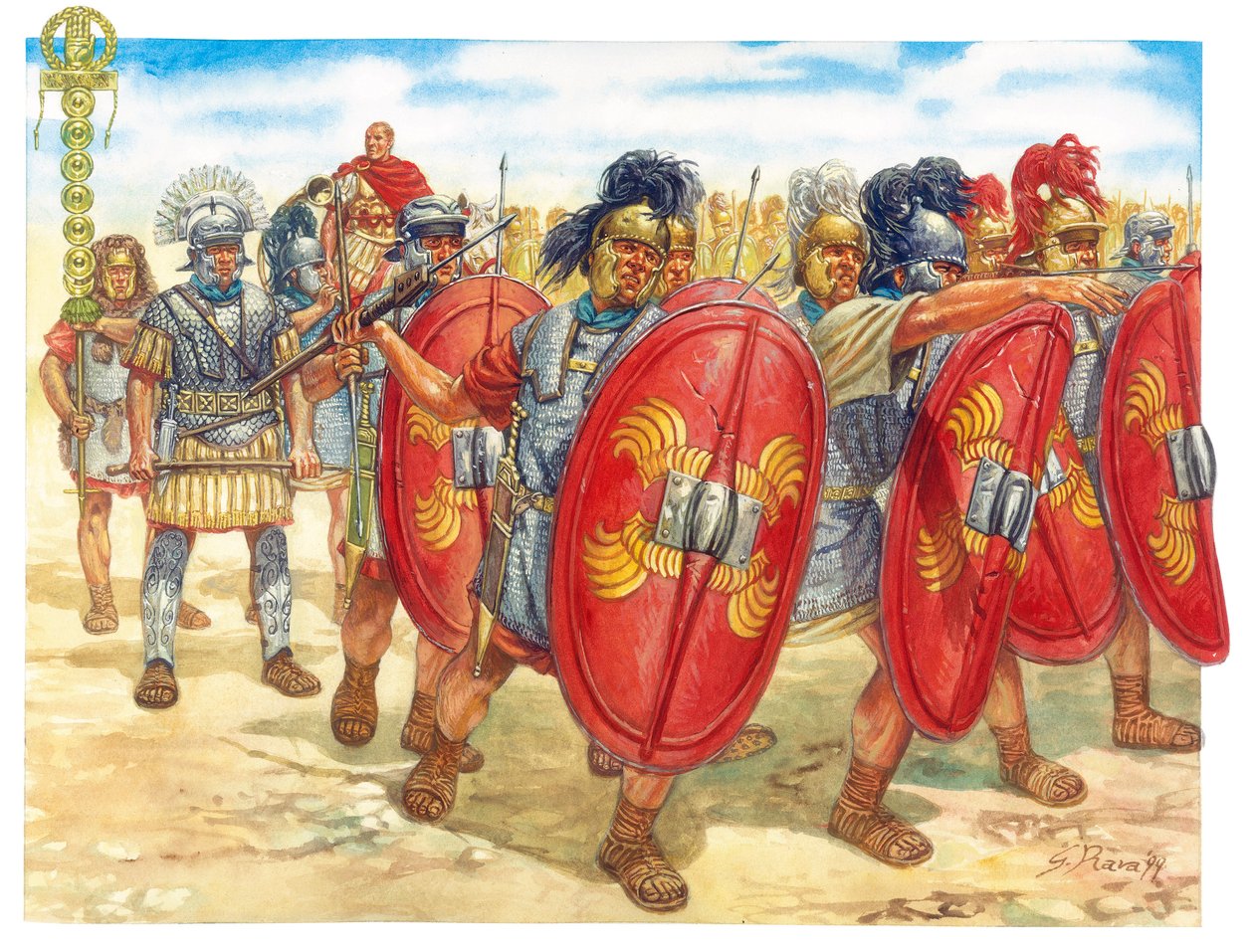 Roman Antiquite (tasavalta): joukko roomalaisia legioonalaisia - Rooman tasavalta: roomalaiset legioonalaiset - Kuvitus: Giuseppe Rava tekijältä Giuseppe Rava